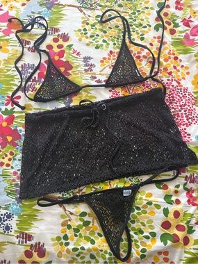 Malibu Strings Black Mesh Micro Bikini + Skirt 3 Piece Set 🖤